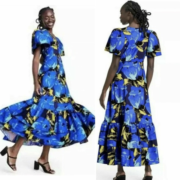 Christopher John Rogers x Target Floral Puff Sleeve Tiered Dress Blue Size 6 - Picture 1 of 7